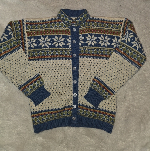 Hand Knit Nordic Knit Blue Cream Cardigan Sweater Measures To A Small. - Picture 4 of 10